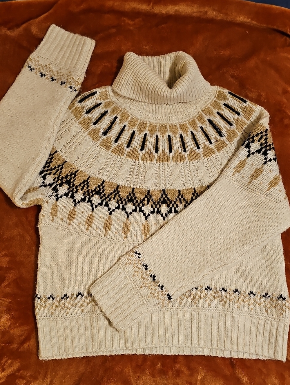 Old Navy Cream Fair Isle Turtleneck Sweater with Tan & Black Accents